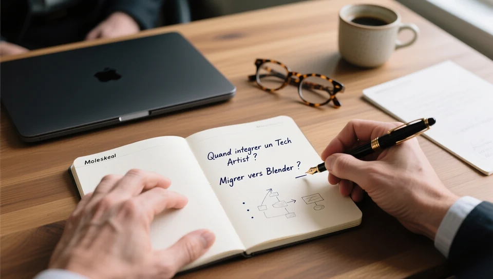 Mains qui écrivent dans un carnet Moleskine deux questions de l'article — « Quand intégrer un Technical Artist ? » et « Migrer vers Blender ? » — à côté d'un MacBook fermé et d'une tasse de café.